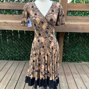 Black Bird Studios “Robynne Wrap Ruffle” Midi Dress – NWT Small Peacock Print
